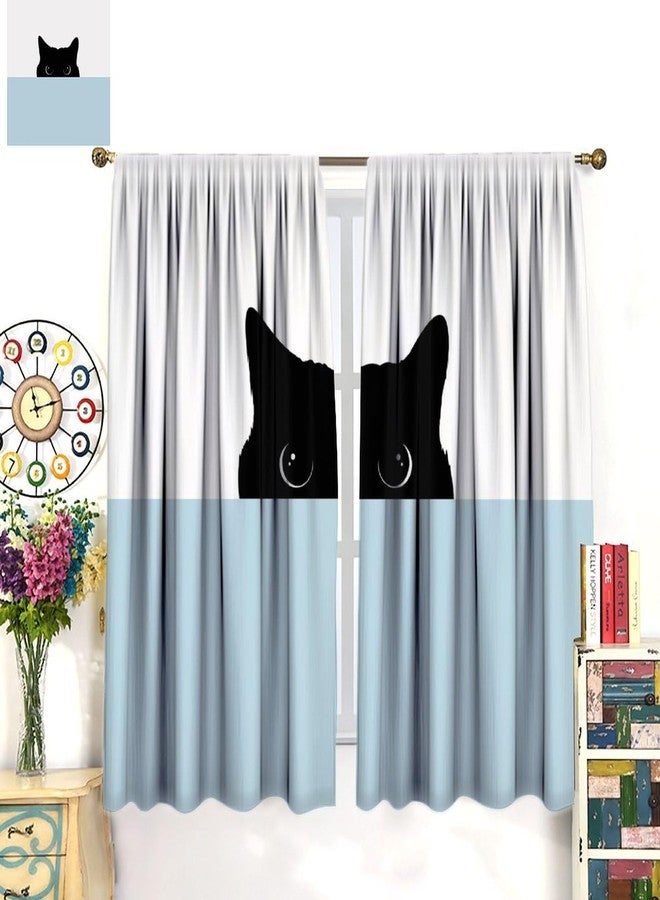 JADERYS Funny Cat Curtains Cartoon Cute Pet Animal Black Cat White Blue Bedroom Living Room Bathroom Blackout Rod Pocket Decoration Window Drapes 2 Panels W21xL45in - Image 2